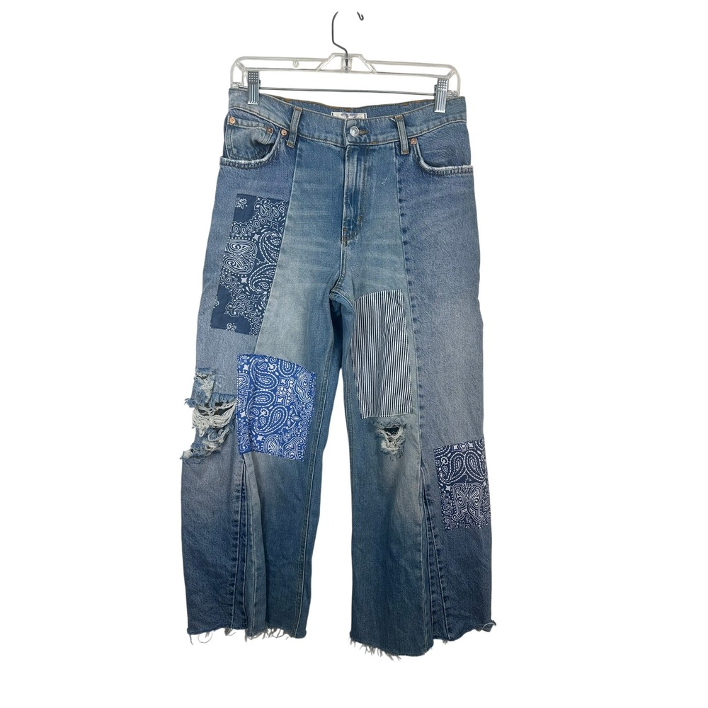 Free People Patchwork Jeans Women 27 Blue Good Bandana Distressed Wide Leg